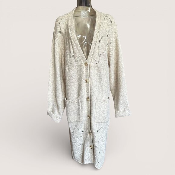 CARLY JEAN LOS ANGELES CJLA Ivory Duster Button Cardigan Sweater L New - Picture 2 of 8